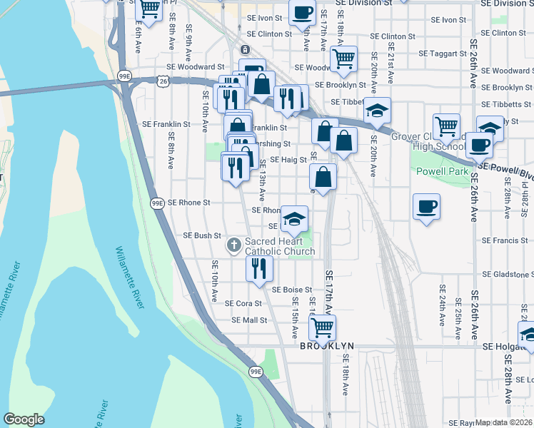 map of restaurants, bars, coffee shops, grocery stores, and more near 3614 Southeast 13th Avenue in Portland