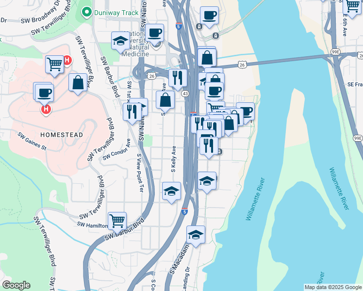 map of restaurants, bars, coffee shops, grocery stores, and more near 312 South Gaines Street in Portland