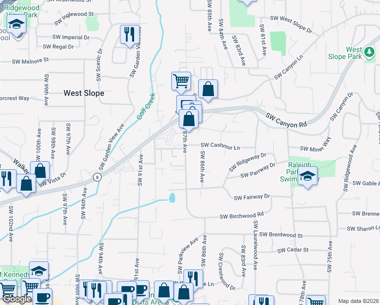 map of restaurants, bars, coffee shops, grocery stores, and more near 8635 Southwest Cashmur Lane in Portland