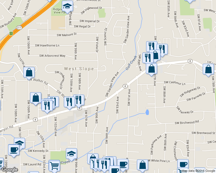 map of restaurants, bars, coffee shops, grocery stores, and more near 3210 Southwest Malcolm Court in Portland