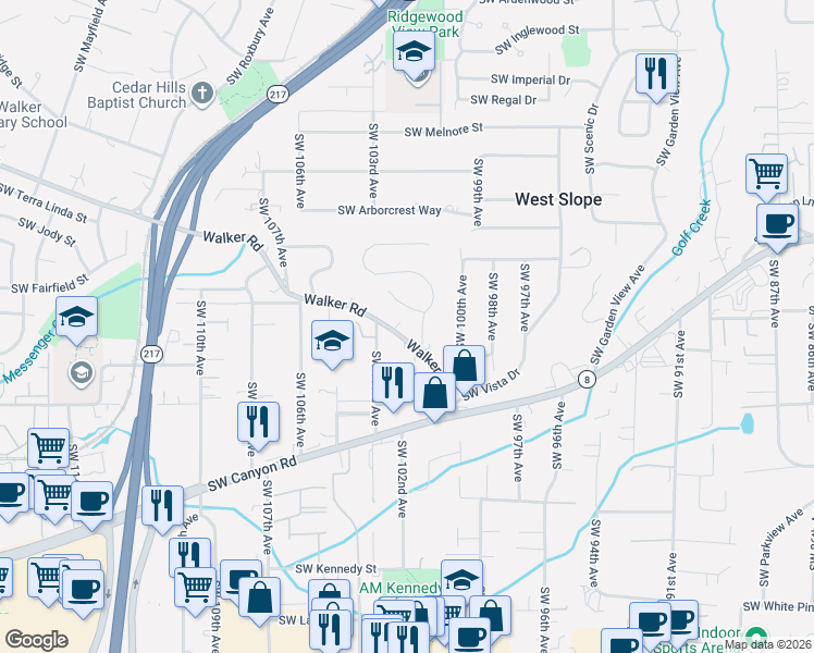 map of restaurants, bars, coffee shops, grocery stores, and more near 10135 Southwest Old Orchard Lane in Portland