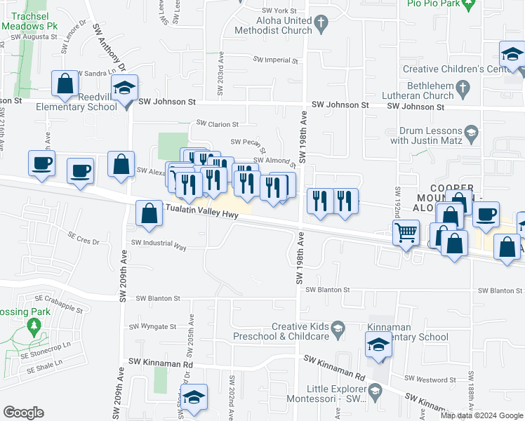 map of restaurants, bars, coffee shops, grocery stores, and more near 20010 Southwest Alexander Street in Aloha