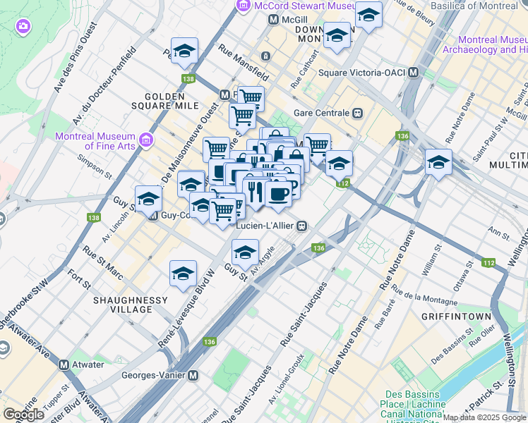 map of restaurants, bars, coffee shops, grocery stores, and more near in Montreal