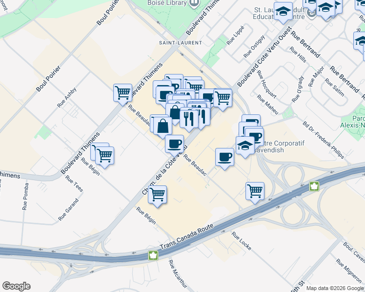map of restaurants, bars, coffee shops, grocery stores, and more near 3310 Boulevard Cote Vertu Ouest in Montreal