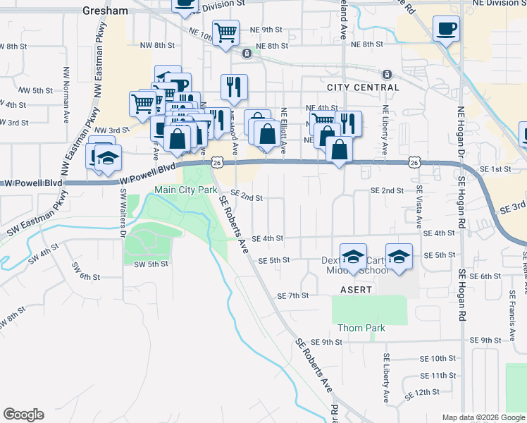 map of restaurants, bars, coffee shops, grocery stores, and more near 253 Southeast Kelly Avenue in Gresham