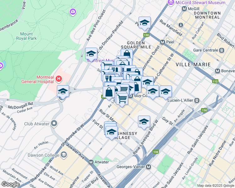 map of restaurants, bars, coffee shops, grocery stores, and more near 1625 Avenue Lincoln in Montréal