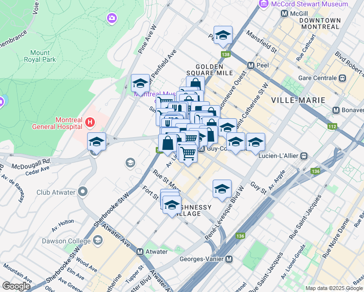 map of restaurants, bars, coffee shops, grocery stores, and more near 1625 Avenue Lincoln in Montréal