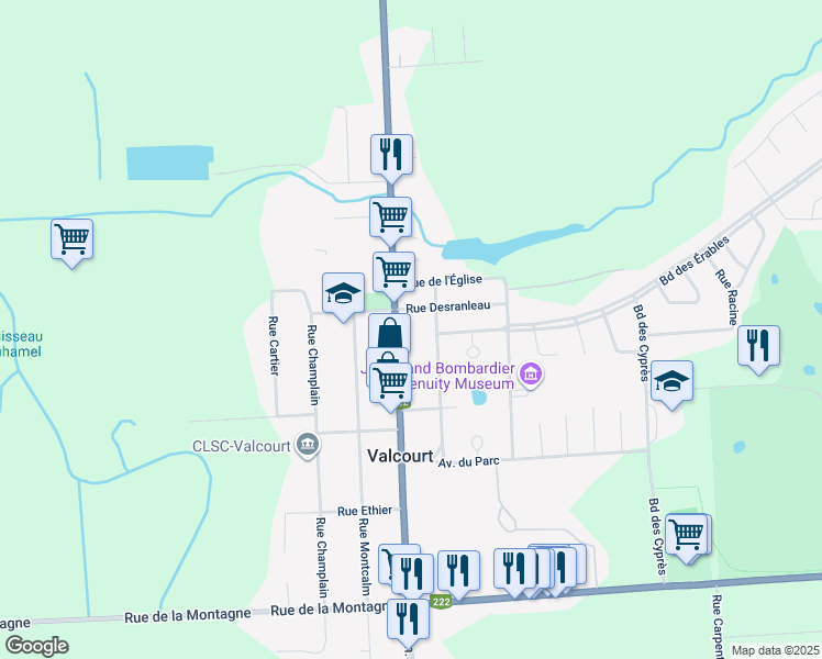 map of restaurants, bars, coffee shops, grocery stores, and more near 833 Québec 222 in Valcourt
