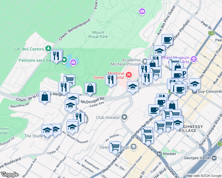 map of restaurants, bars, coffee shops, grocery stores, and more near 1745 Cedar Avenue in Montreal