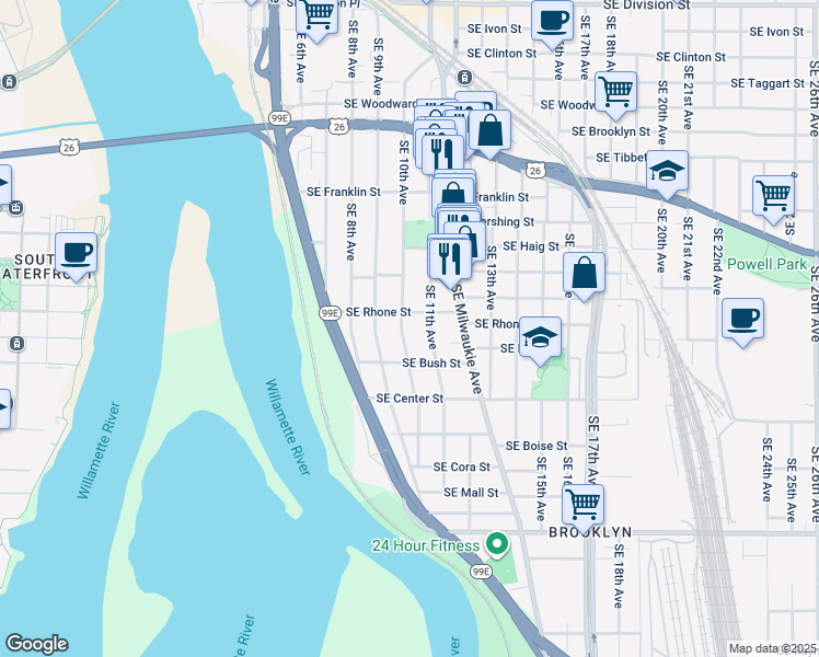 map of restaurants, bars, coffee shops, grocery stores, and more near 3726 Southeast 10th Avenue in Portland