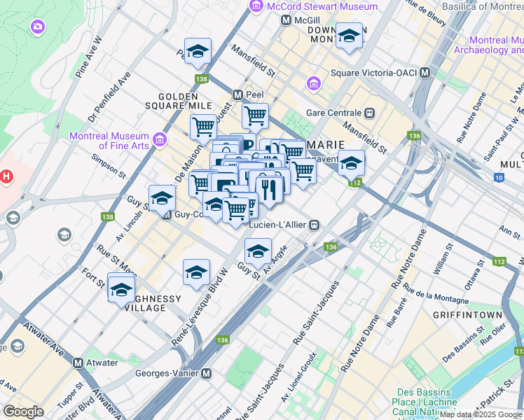 map of restaurants, bars, coffee shops, grocery stores, and more near 1175 Crescent Street in Montreal