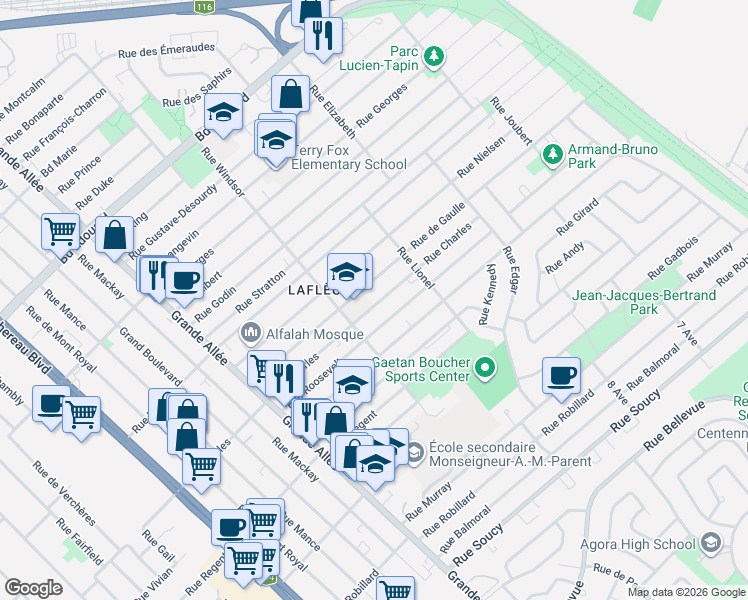 map of restaurants, bars, coffee shops, grocery stores, and more near 1665 Rue Charles in Longueuil