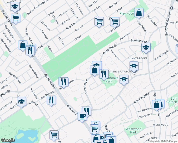 map of restaurants, bars, coffee shops, grocery stores, and more near Rue Maple in Dollard-des-Ormeaux