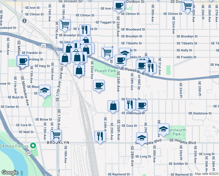 map of restaurants, bars, coffee shops, grocery stores, and more near 3500 Southeast 26th Avenue in Portland