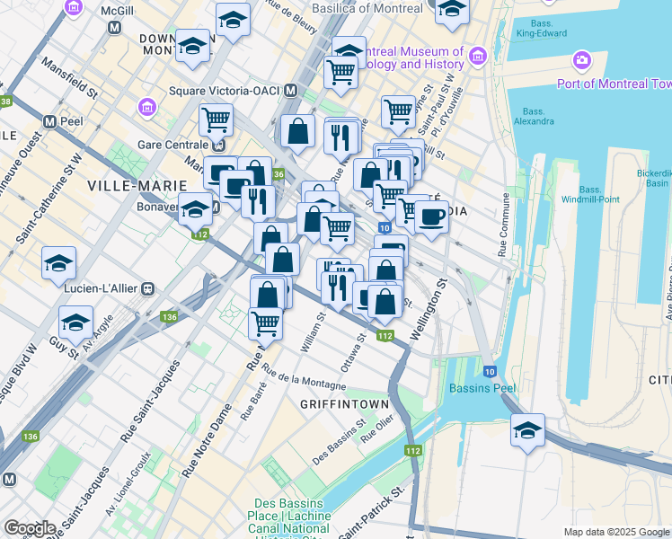 map of restaurants, bars, coffee shops, grocery stores, and more near 400 Rue de l'Inspecteur in Montréal