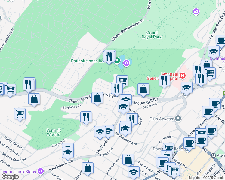 map of restaurants, bars, coffee shops, grocery stores, and more near 2955 Hill Park Circle in Montreal