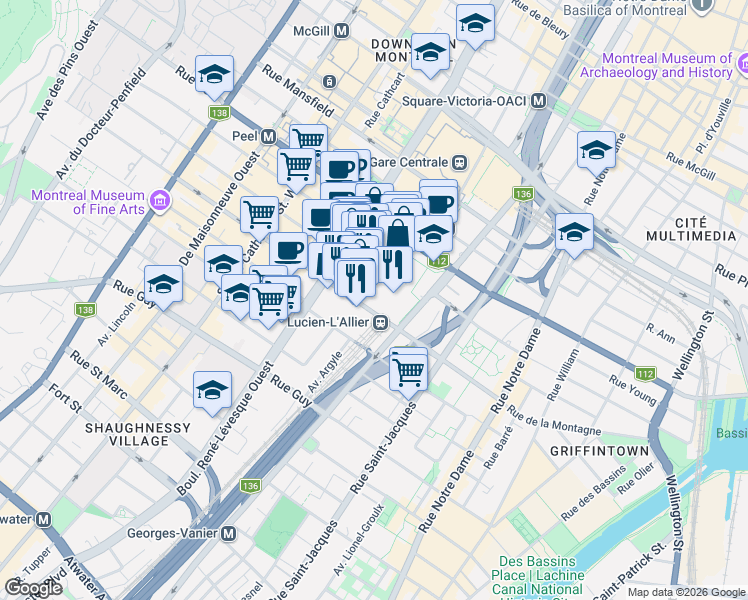 map of restaurants, bars, coffee shops, grocery stores, and more near 1288 Avenue des Canadiens-de-Montréal in Montréal