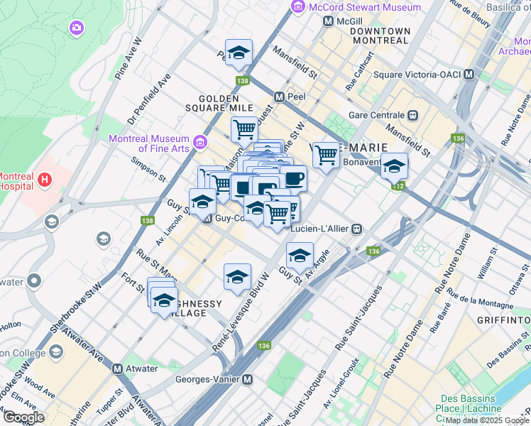 map of restaurants, bars, coffee shops, grocery stores, and more near 1228 Bishop Street in Montreal