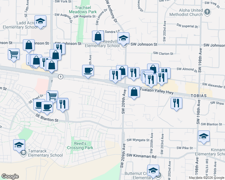 map of restaurants, bars, coffee shops, grocery stores, and more near 21070 SW Tualatin Valley Hwy in Beaverton
