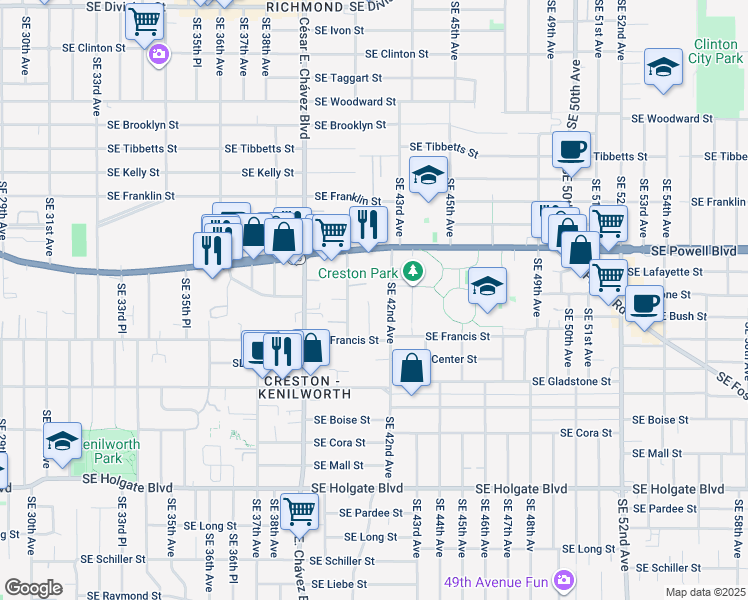 map of restaurants, bars, coffee shops, grocery stores, and more near 3719 Southeast 42nd Avenue in Portland
