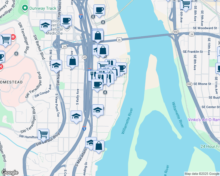 map of restaurants, bars, coffee shops, grocery stores, and more near 740 South Gaines Street in Portland