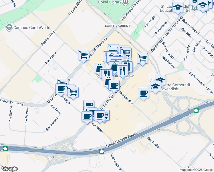map of restaurants, bars, coffee shops, grocery stores, and more near in Montreal