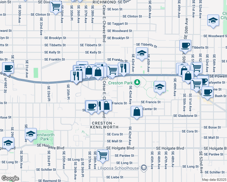 map of restaurants, bars, coffee shops, grocery stores, and more near 3739 Southeast 40th Avenue in Portland