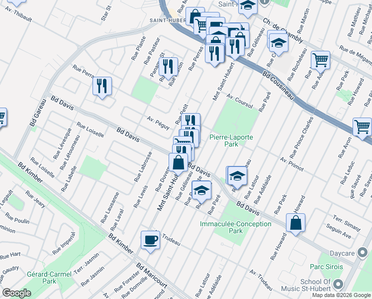 map of restaurants, bars, coffee shops, grocery stores, and more near 3450 Montée Saint-Hubert in Longueuil