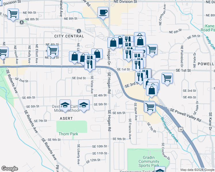 map of restaurants, bars, coffee shops, grocery stores, and more near 100 Southeast Hogan Road in Gresham