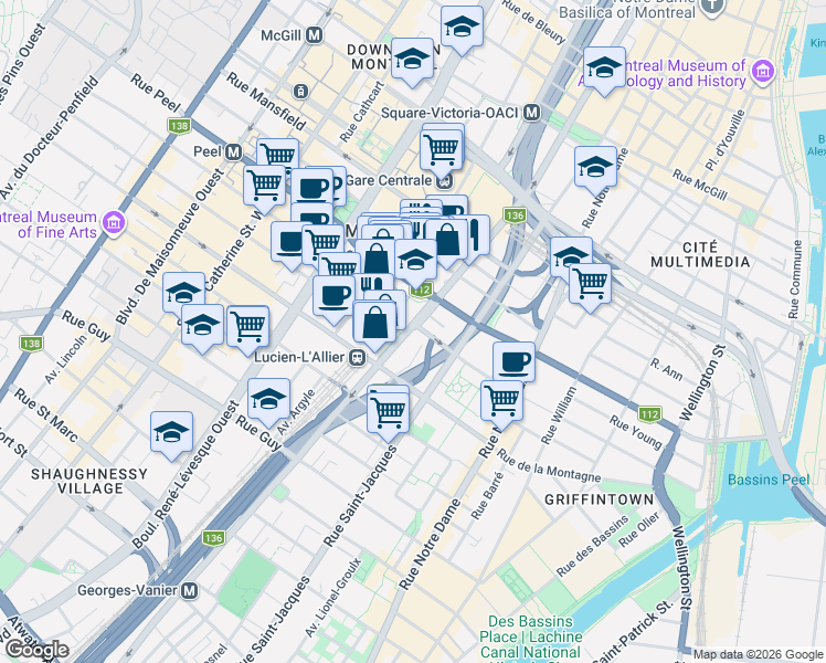map of restaurants, bars, coffee shops, grocery stores, and more near 1188 Rue Saint-Antoine Ouest in Montréal