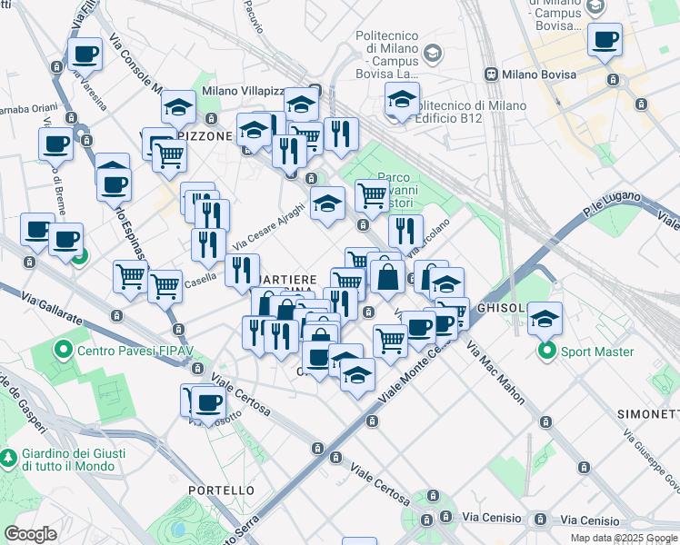 map of restaurants, bars, coffee shops, grocery stores, and more near Via Bramantino in Milan