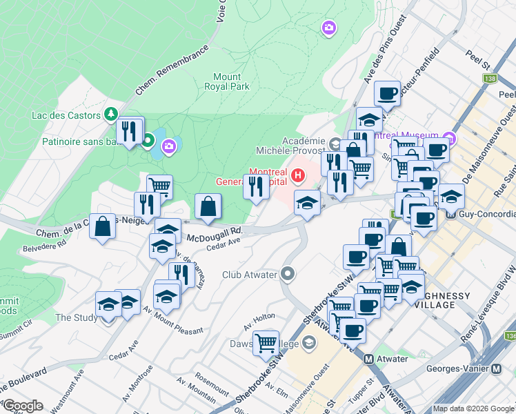 map of restaurants, bars, coffee shops, grocery stores, and more near 1745 Avenue Cedar in Montréal