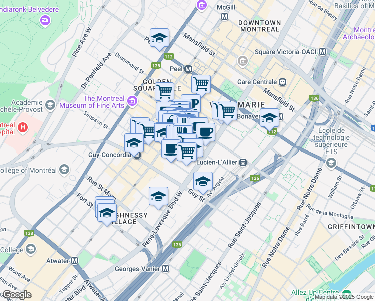 map of restaurants, bars, coffee shops, grocery stores, and more near 1199 Rue Bishop in Montrã©Al