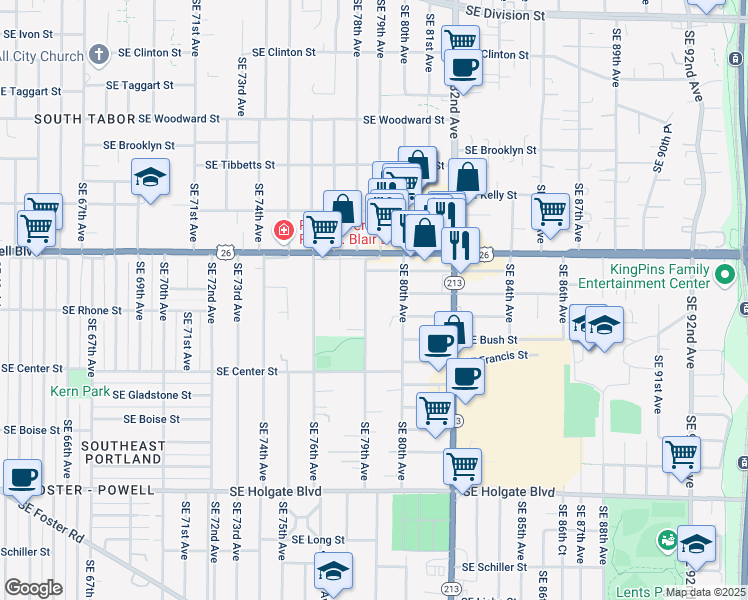 map of restaurants, bars, coffee shops, grocery stores, and more near 7956 Southeast Rhine Street in Portland