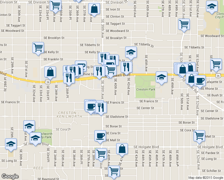 map of restaurants, bars, coffee shops, grocery stores, and more near 3630 Southeast Cesar Estrada Chavez Boulevard in Portland