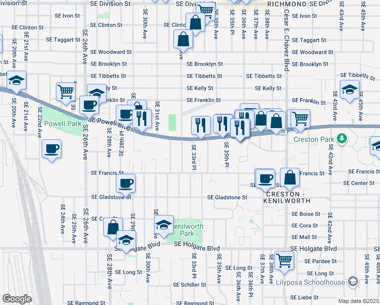 map of restaurants, bars, coffee shops, grocery stores, and more near 3314 Southeast Powell Boulevard in Portland