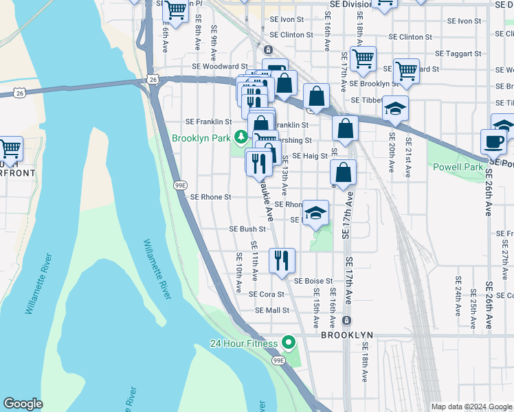 map of restaurants, bars, coffee shops, grocery stores, and more near 3619 Southeast Milwaukie Avenue in Portland