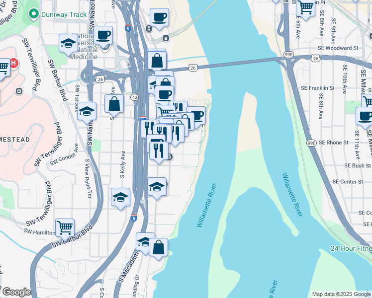 map of restaurants, bars, coffee shops, grocery stores, and more near 740 South Gaines Street in Portland