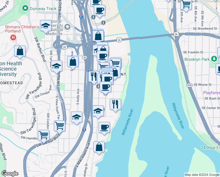 map of restaurants, bars, coffee shops, grocery stores, and more near 720 Southwest Gaines Street in Portland