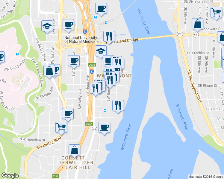 map of restaurants, bars, coffee shops, grocery stores, and more near 740 South Gaines Street in Portland