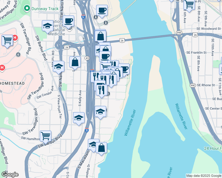 map of restaurants, bars, coffee shops, grocery stores, and more near 740 South Gaines Street in Portland
