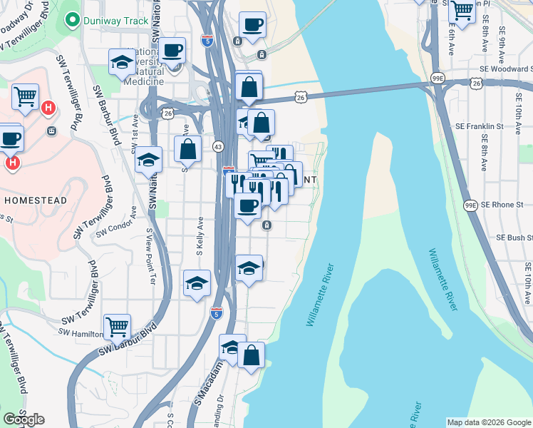 map of restaurants, bars, coffee shops, grocery stores, and more near 3601 Southwest River Parkway in Portland