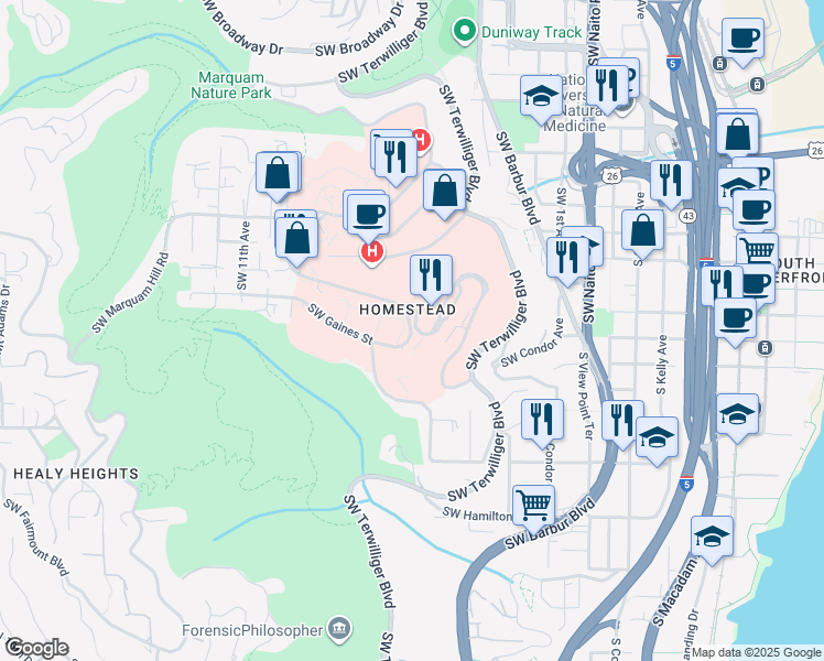 map of restaurants, bars, coffee shops, grocery stores, and more near 3710 Southwest US Veterans Hospital Road in Portland