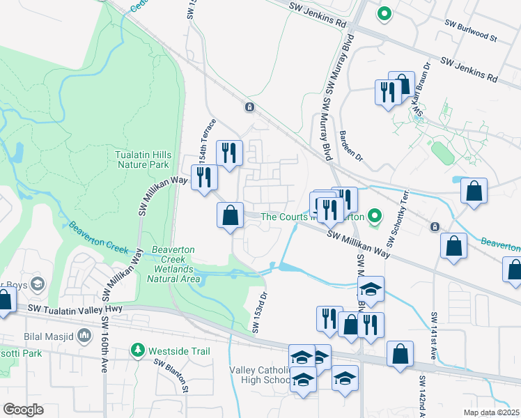 map of restaurants, bars, coffee shops, grocery stores, and more near 15025 Southwest Millikan Way in Beaverton