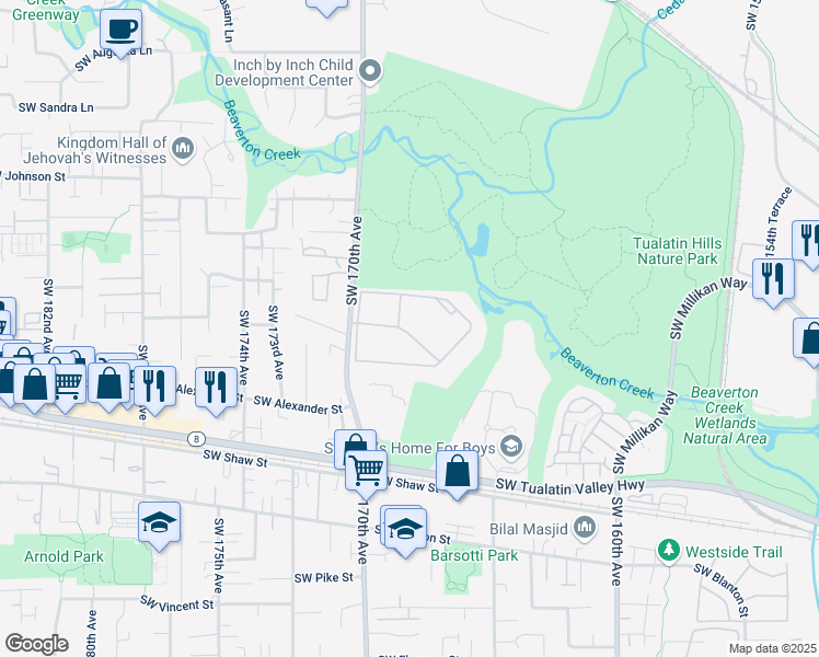 map of restaurants, bars, coffee shops, grocery stores, and more near 3280 Southwest 170th Avenue in Beaverton