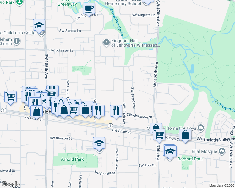 map of restaurants, bars, coffee shops, grocery stores, and more near 3220 Southwest 175th Avenue in Aloha
