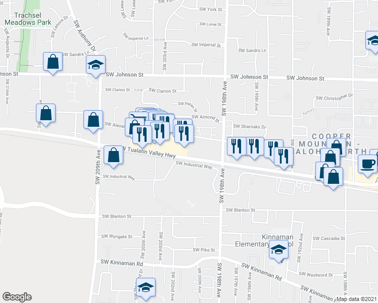 map of restaurants, bars, coffee shops, grocery stores, and more near 20130 Southwest Alexander Street in Aloha