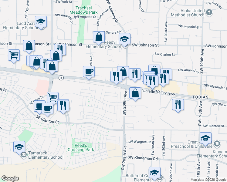 map of restaurants, bars, coffee shops, grocery stores, and more near 21070 SW Tualatin Valley Hwy in Beaverton