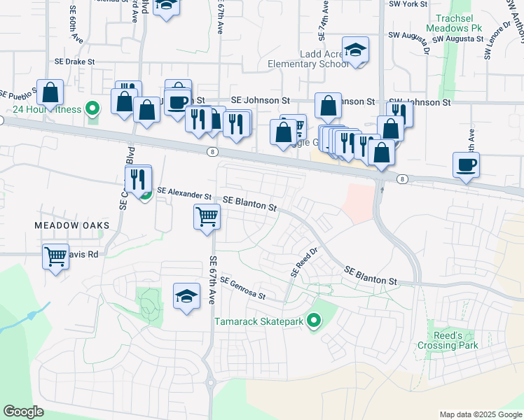 map of restaurants, bars, coffee shops, grocery stores, and more near 6975 Southeast Blanton Street in Hillsboro
