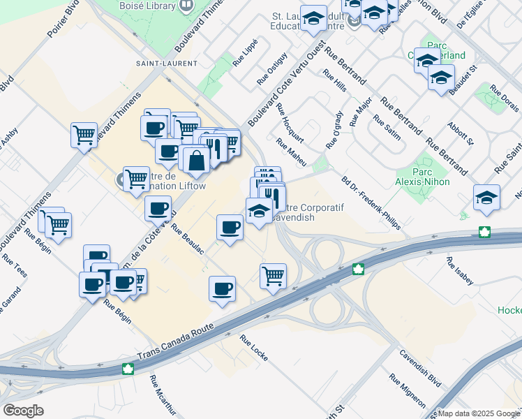 map of restaurants, bars, coffee shops, grocery stores, and more near in Montreal